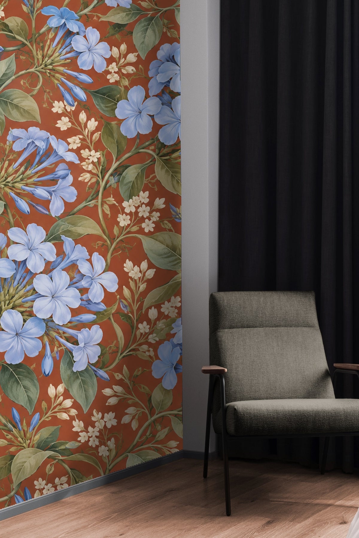 Arrangement of botanical wallpaper sheets showing large blue flowers and green foliage