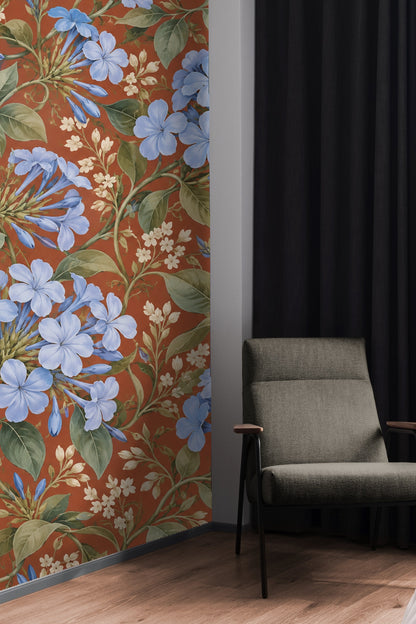 Arrangement of botanical wallpaper sheets showing large blue flowers and green foliage