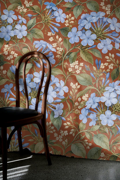 Wallpaper pattern repeat showing blue plumbago flowers with buds and green stems