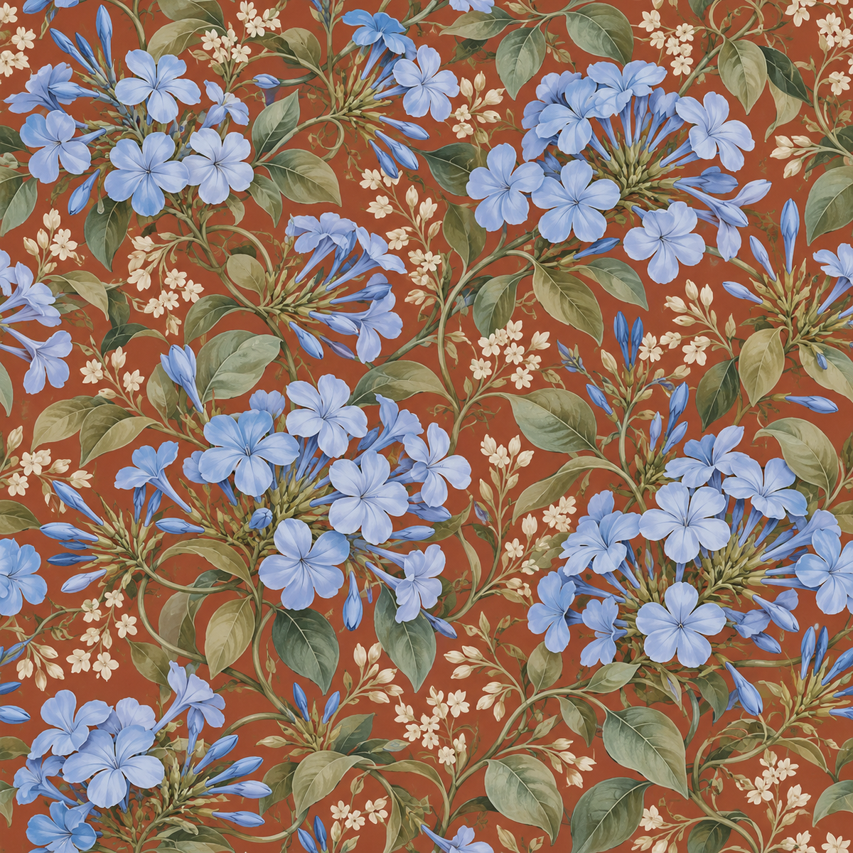 Vintage botanical style wallpaper showcasing large leafy stems and vivid flowers