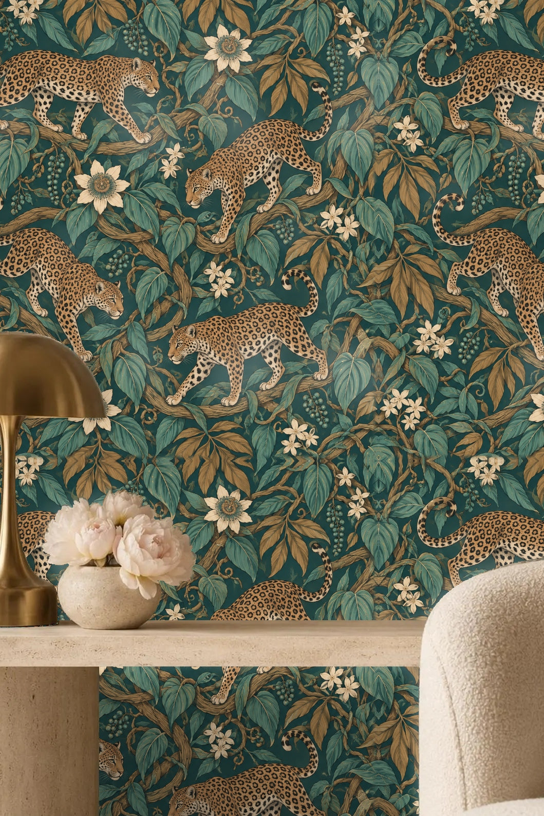 Jungle Jaguar Parade wallpaper shown in an interior setting