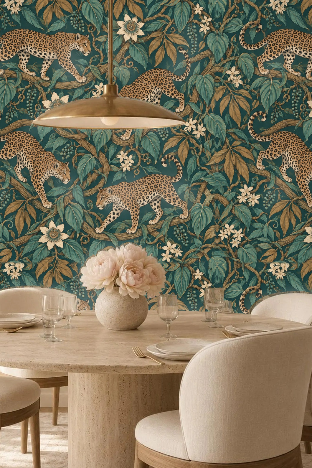 Jungle Jaguar Parade wallpaper shown in an interior setting
