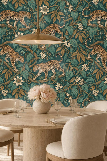 Jungle Jaguar Parade wallpaper shown in an interior setting