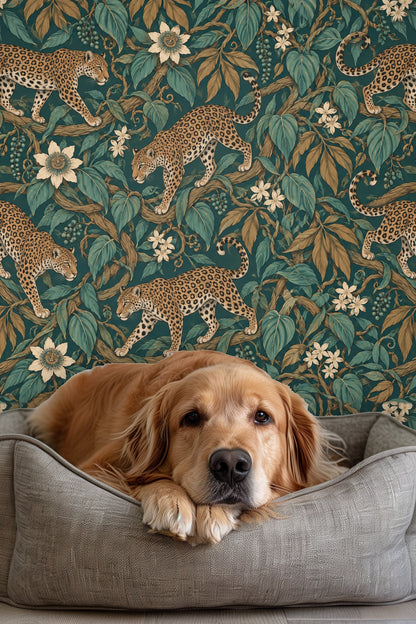 Jungle Jaguar Parade wallpaper shown in an interior setting