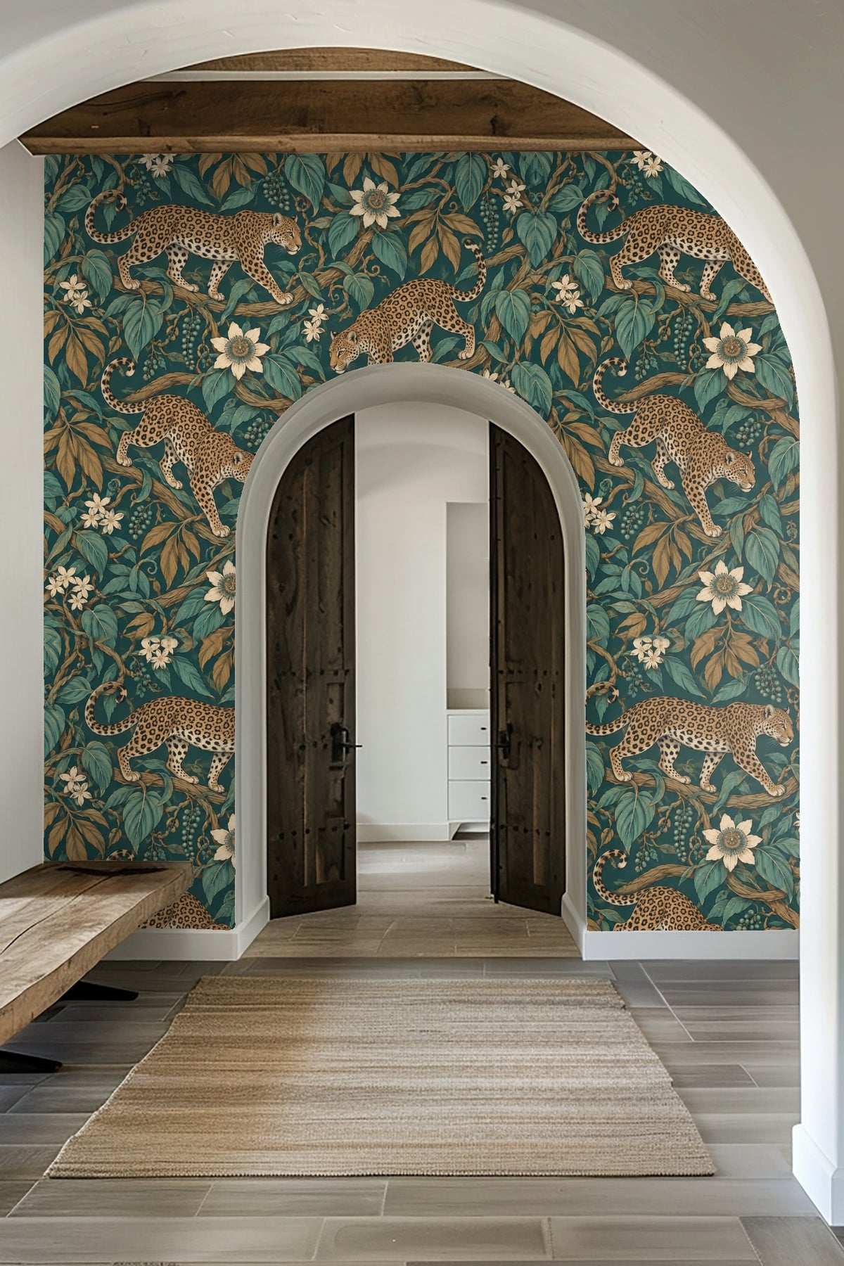 Jungle Jaguar Parade wallpaper shown in an interior setting