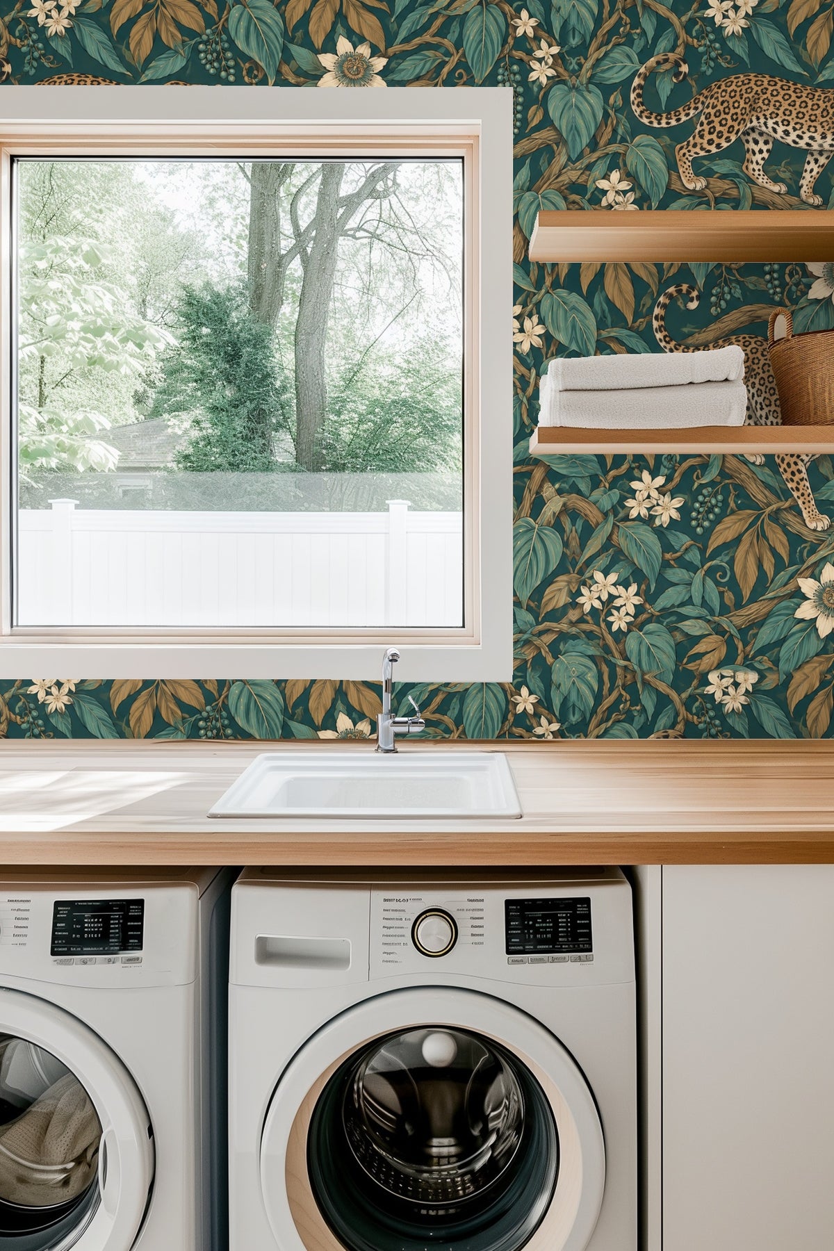 Interior shot showing Jungle Jaguar Parade wallpaper behind a blue velvet sofa, highlighting the rich teal and ochre botanical pattern.