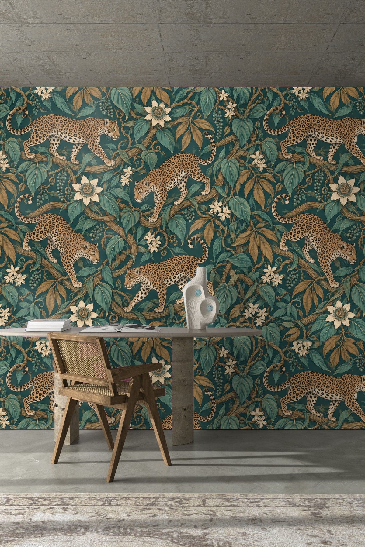 Jungle Jaguar Parade wallpaper shown in an interior setting