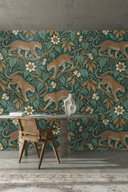 Jungle Jaguar Parade wallpaper shown in an interior setting