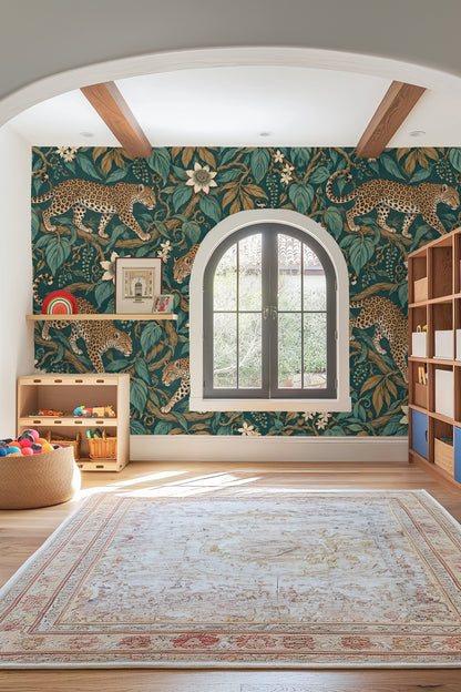 Jungle Jaguar Parade wallpaper shown in an interior setting