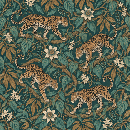 Jungle Jaguar Parade wallpaper shown in an interior setting
