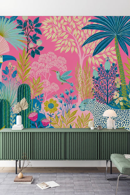 Artistic linework highlighting tropical leaves and leopard spots on wallpaper