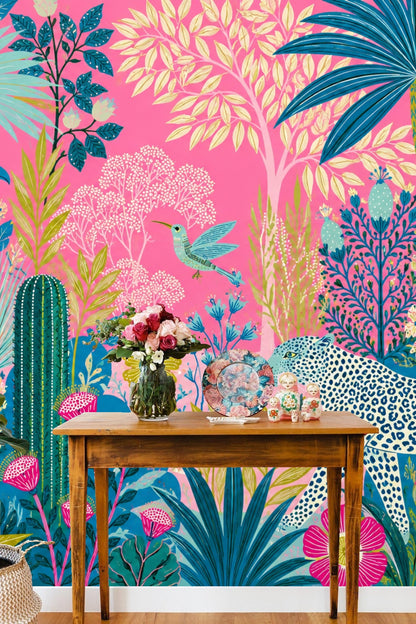 Pink background wallpaper pattern showing stylized exotic wildlife and plants