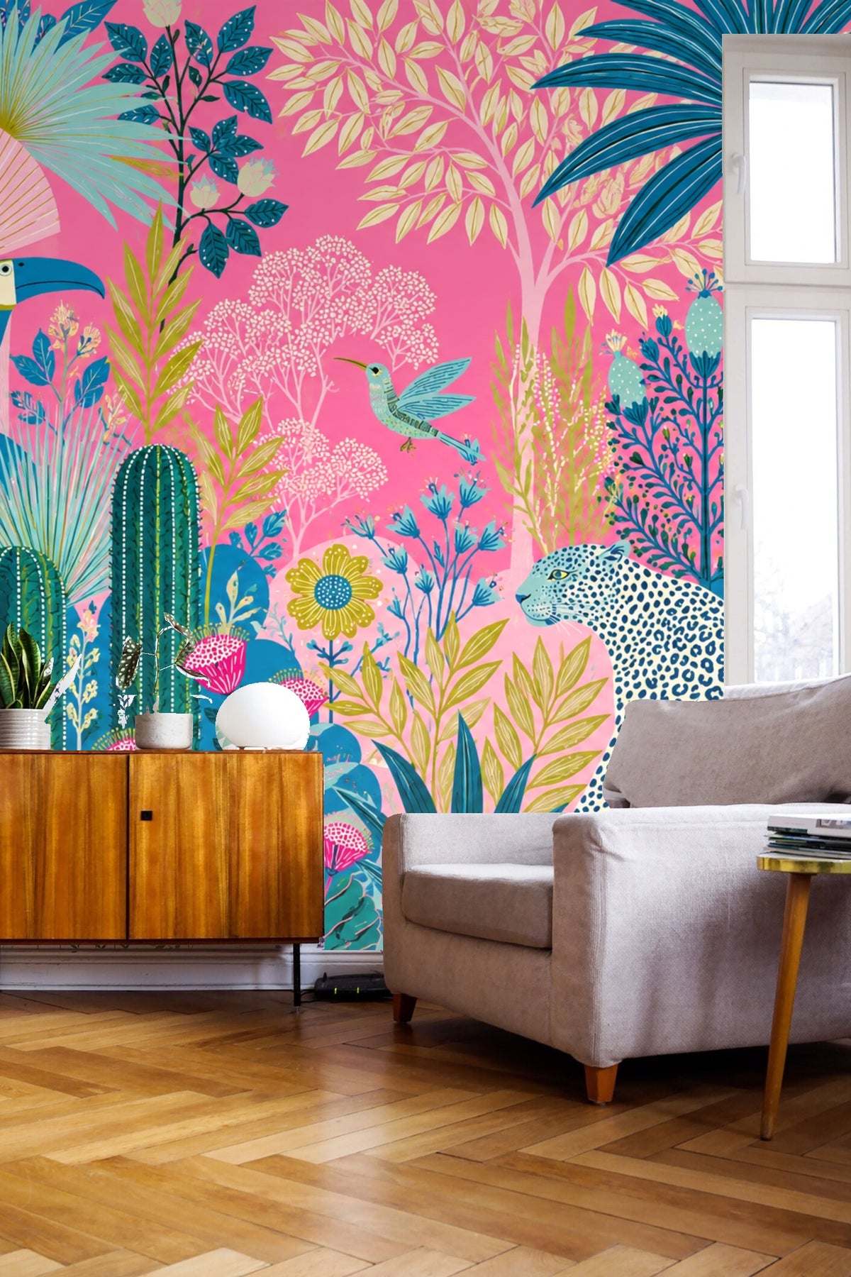 Detailed view of leopard and floral motifs on tropical pink wallpaper
