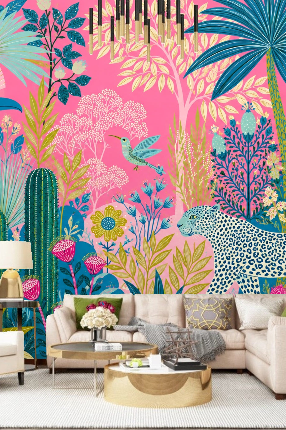 Bright tropical wallpaper with a spotted leopard, toucan, hummingbird, and lush plants on a pink background