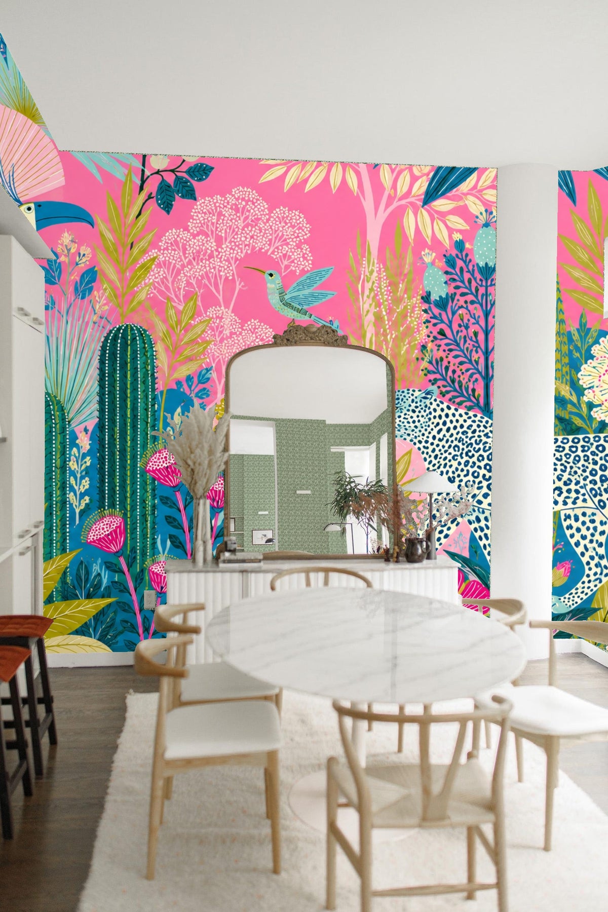 Blue and green detailed leaves and wildflowers on pink tropical wallpaper
