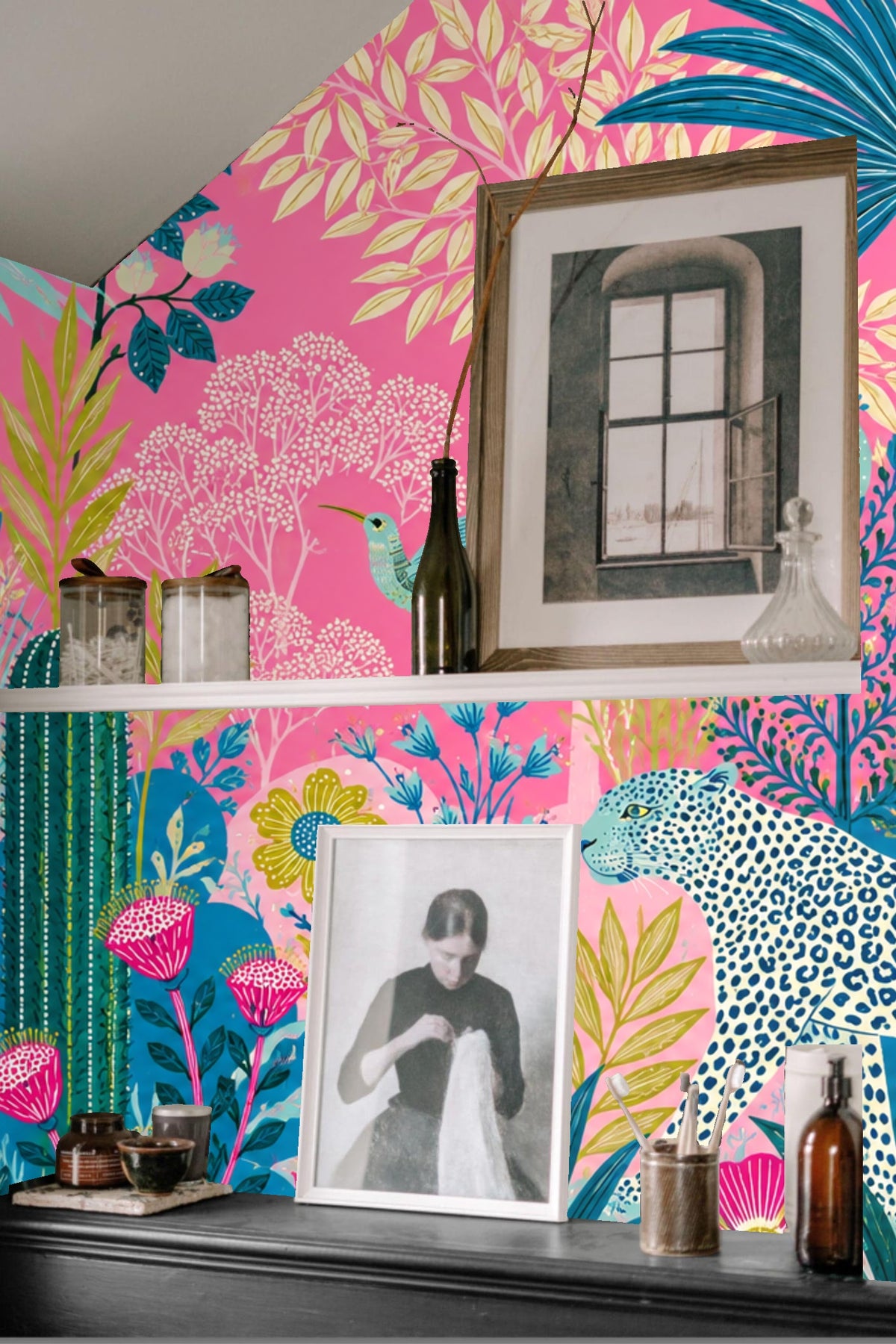Cluster of cacti and pink flowers on tropical wallpaper with vivid colors