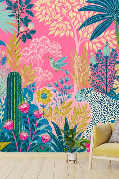 Hummingbird flying near light green and white flowers amidst tropical wallpaper design