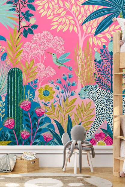 Living room with tropical wallpaper featuring leopard and toucan in vibrant blue, green, and pink hues