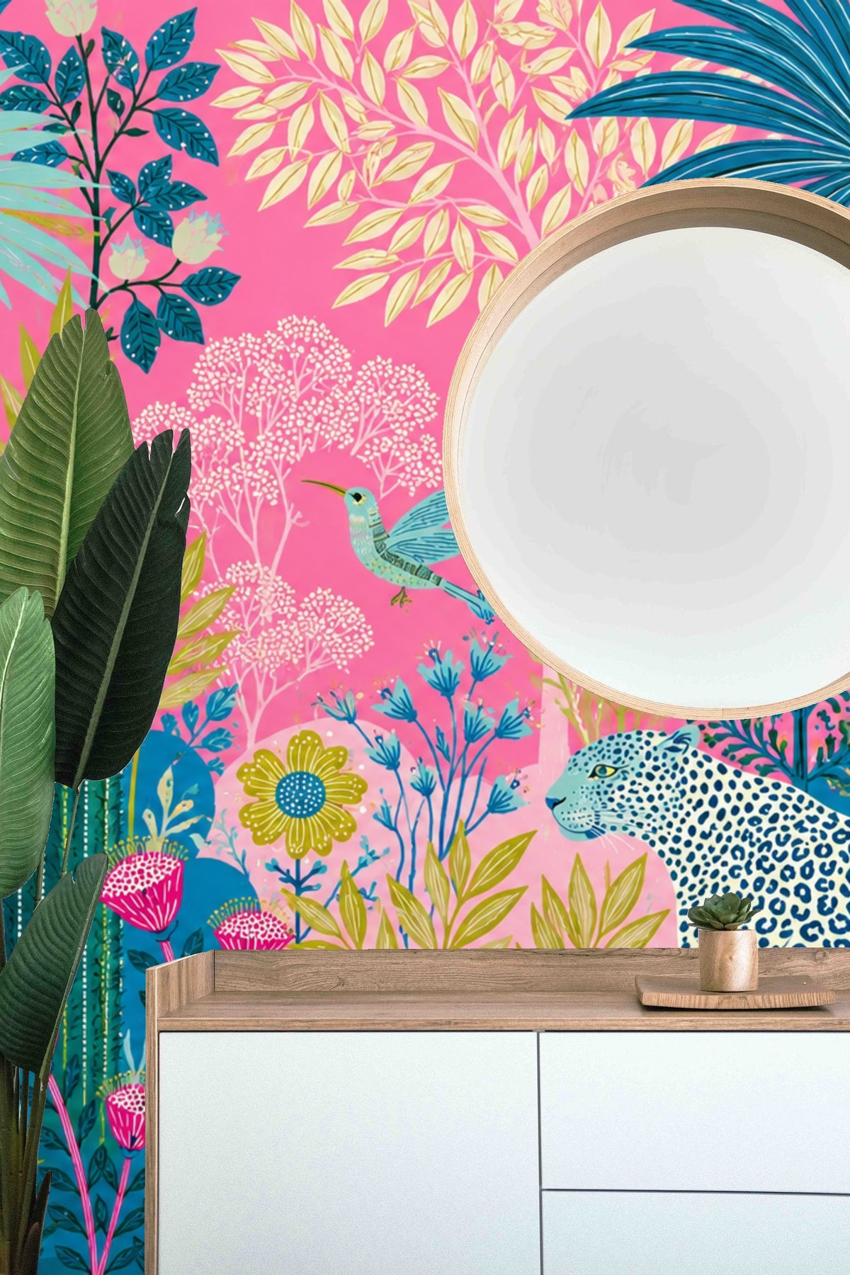 Bold graphic tropical flora with contrasting colors framing a leopard figure