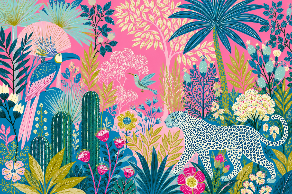 Colorful jungle scene wallpaper with intricate plant and animal designs in an art-forward style