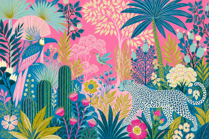 Colorful jungle scene wallpaper with intricate plant and animal designs in an art-forward style