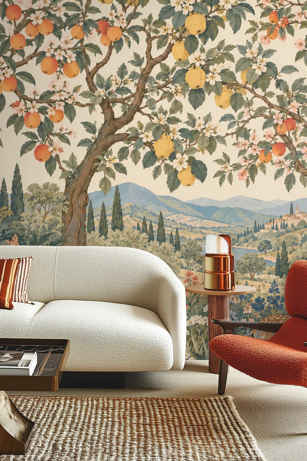 Close-up of the wallpaper showing the full detail of quince fruits, peach fruits and lush leafy branches.