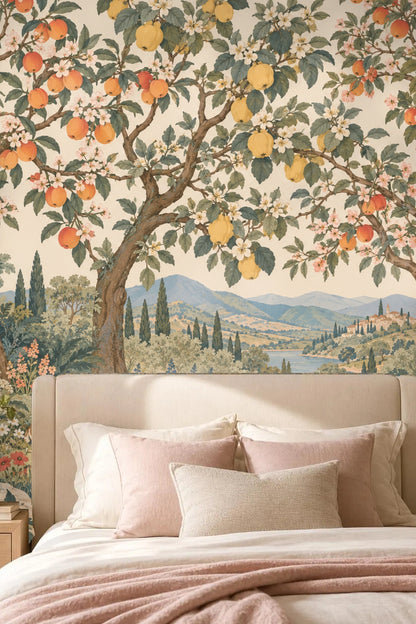 Overall view of the wallpaper pattern forming a repeating landscape scene with fruit trees, deer, and flowers.