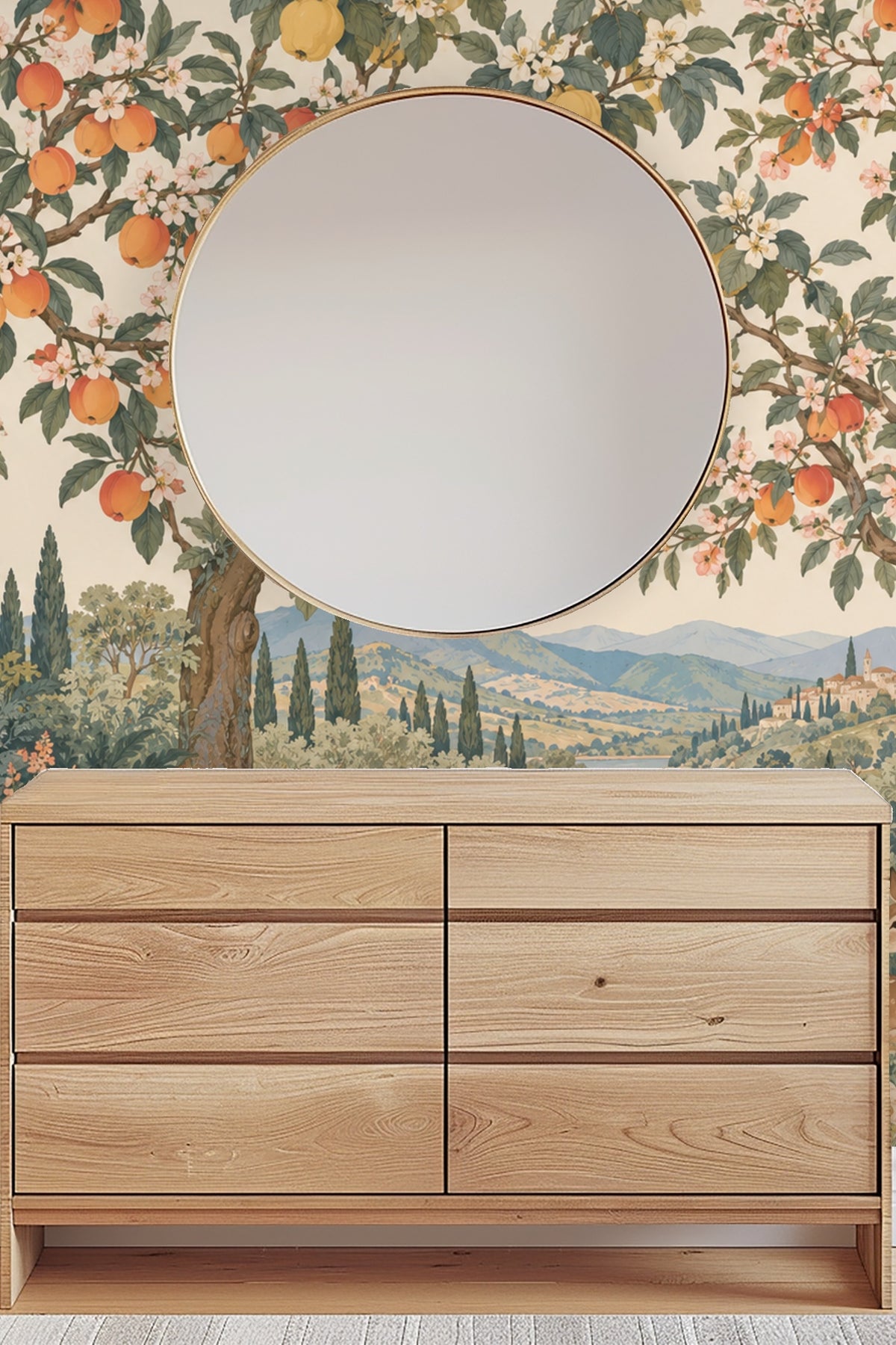 Decorative floral and fauna wallpaper pattern with classical pastoral scenery and small village skyline.