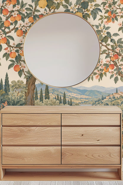 Decorative floral and fauna wallpaper pattern with classical pastoral scenery and small village skyline.