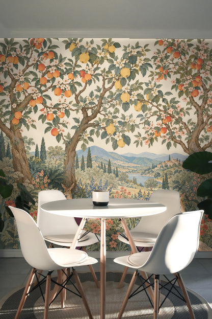 Closeup of textured tree bark and fruit clusters on wallpaper design.