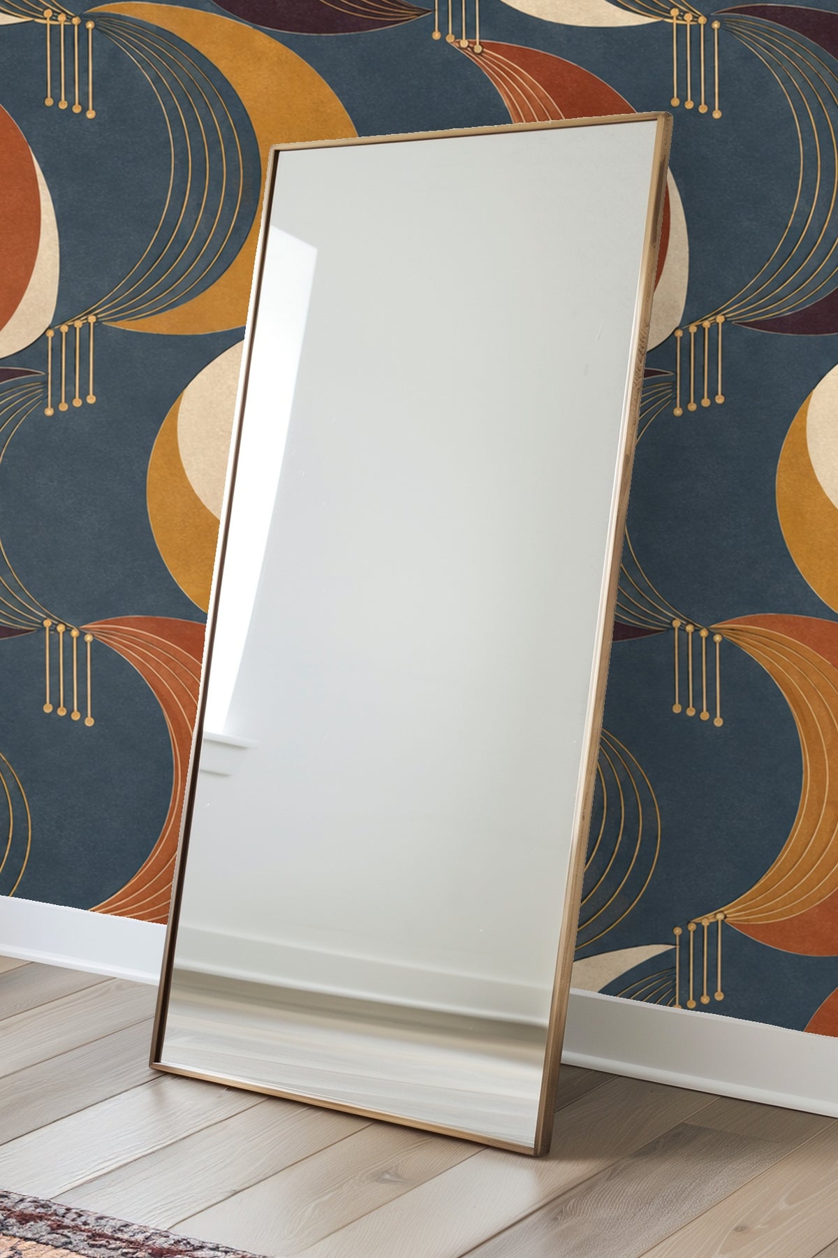 Detailed crescent shapes in rust, cream, ochre, plum on navy background