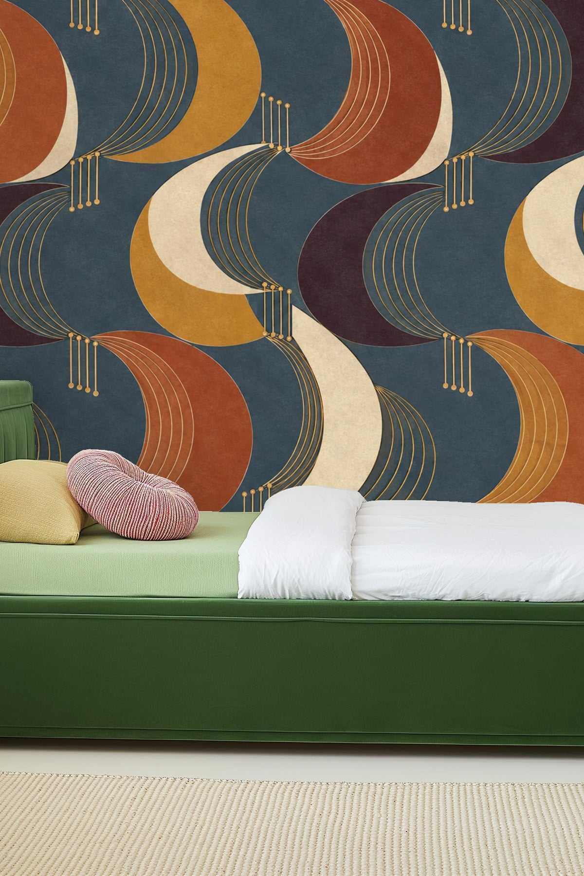 Living room featuring Art Deco Crescents Wallpaper with peach velvet chair