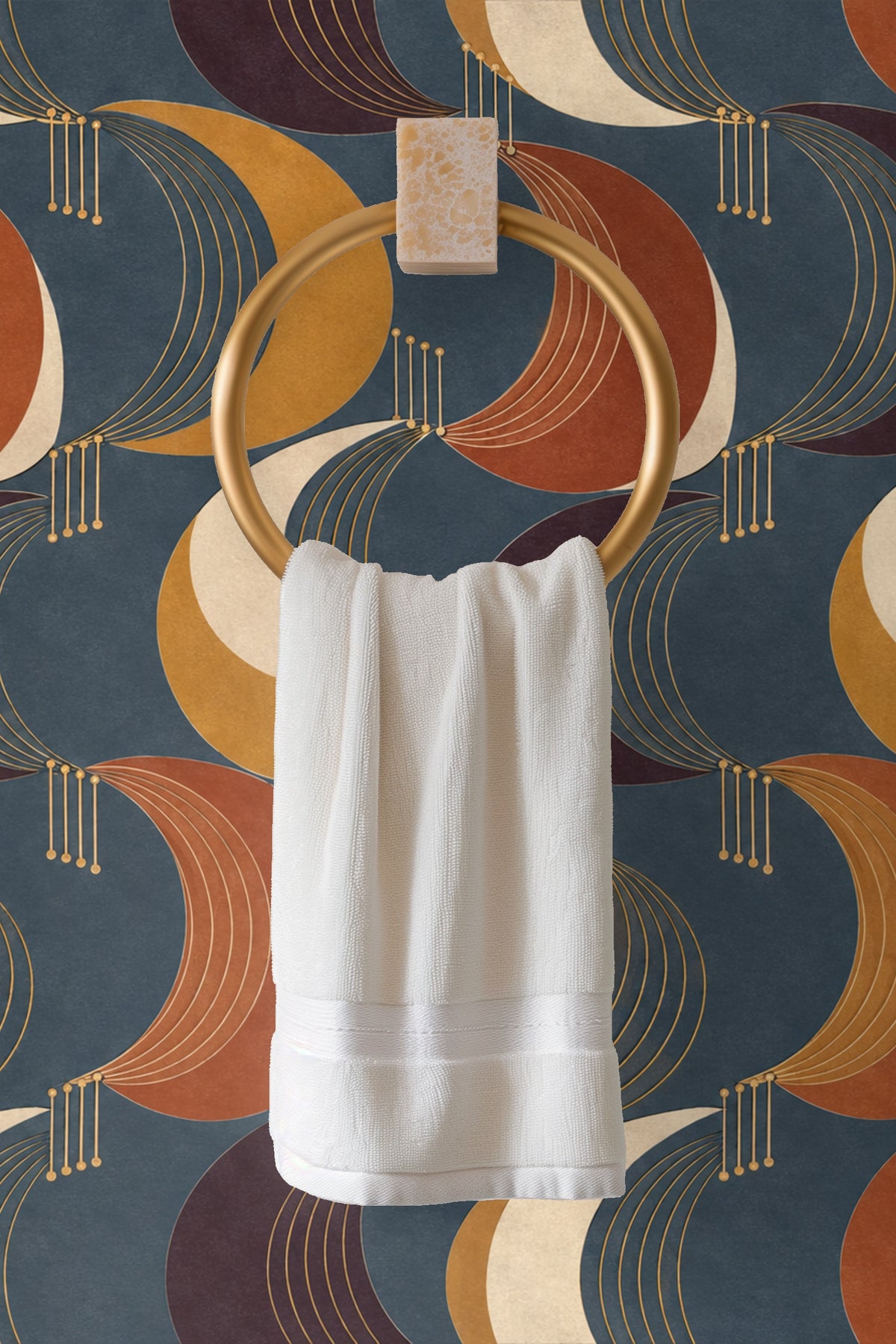 Golden linear accents on crescent arcs in wallpaper design