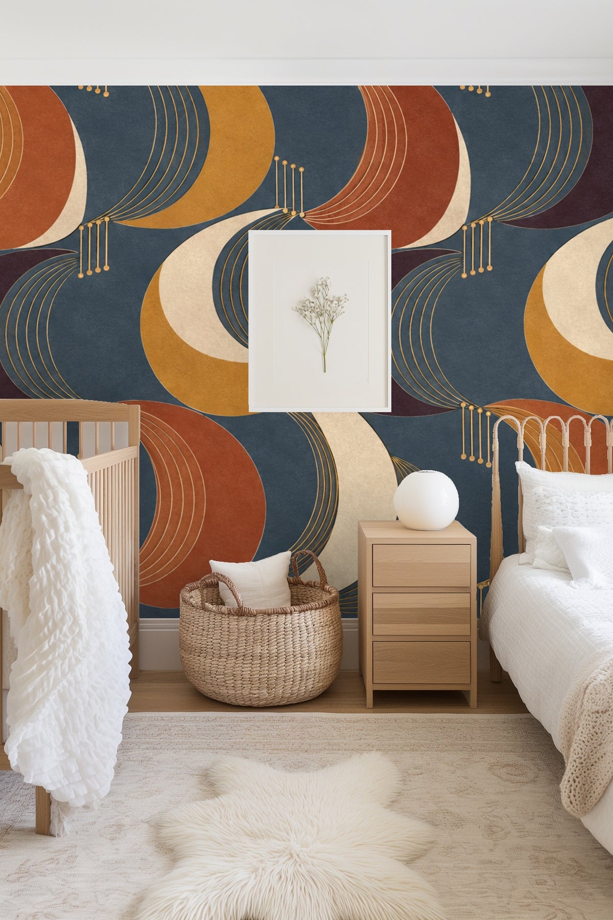 Wallpaper pattern with artfully curved overlapping crescents