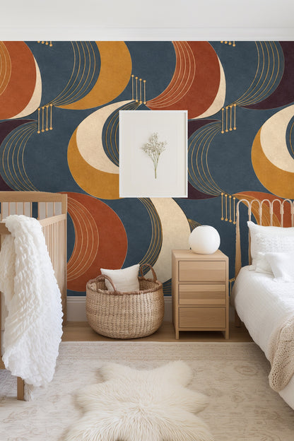 Wallpaper pattern with artfully curved overlapping crescents