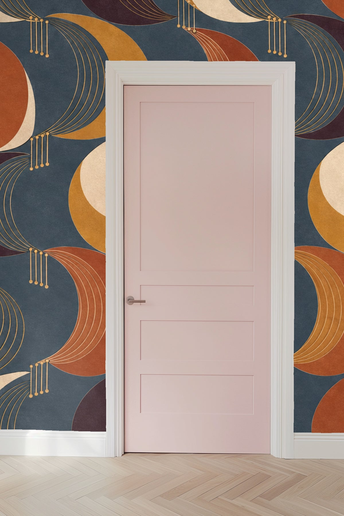 Mid-century geometric crescent wallpaper in styled room setting