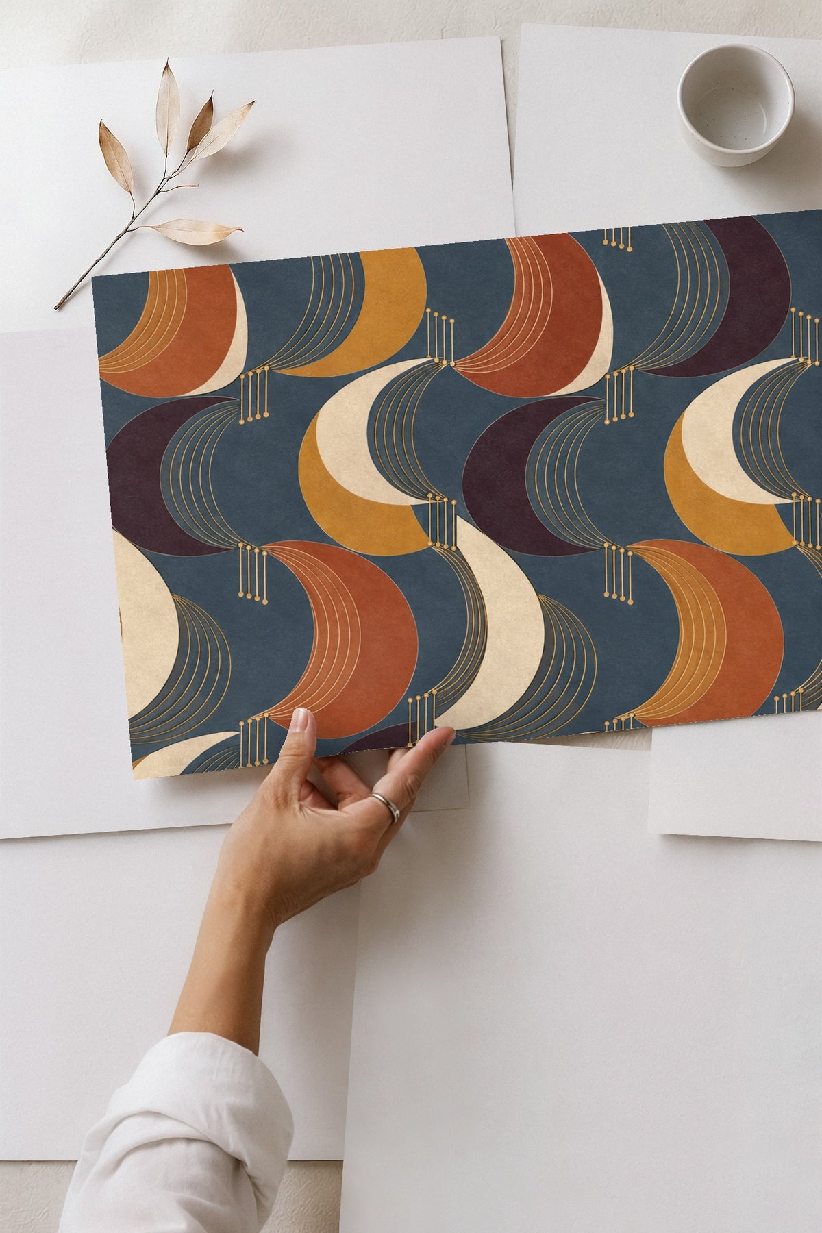 Abstract crescent curve wall pattern with textured effect