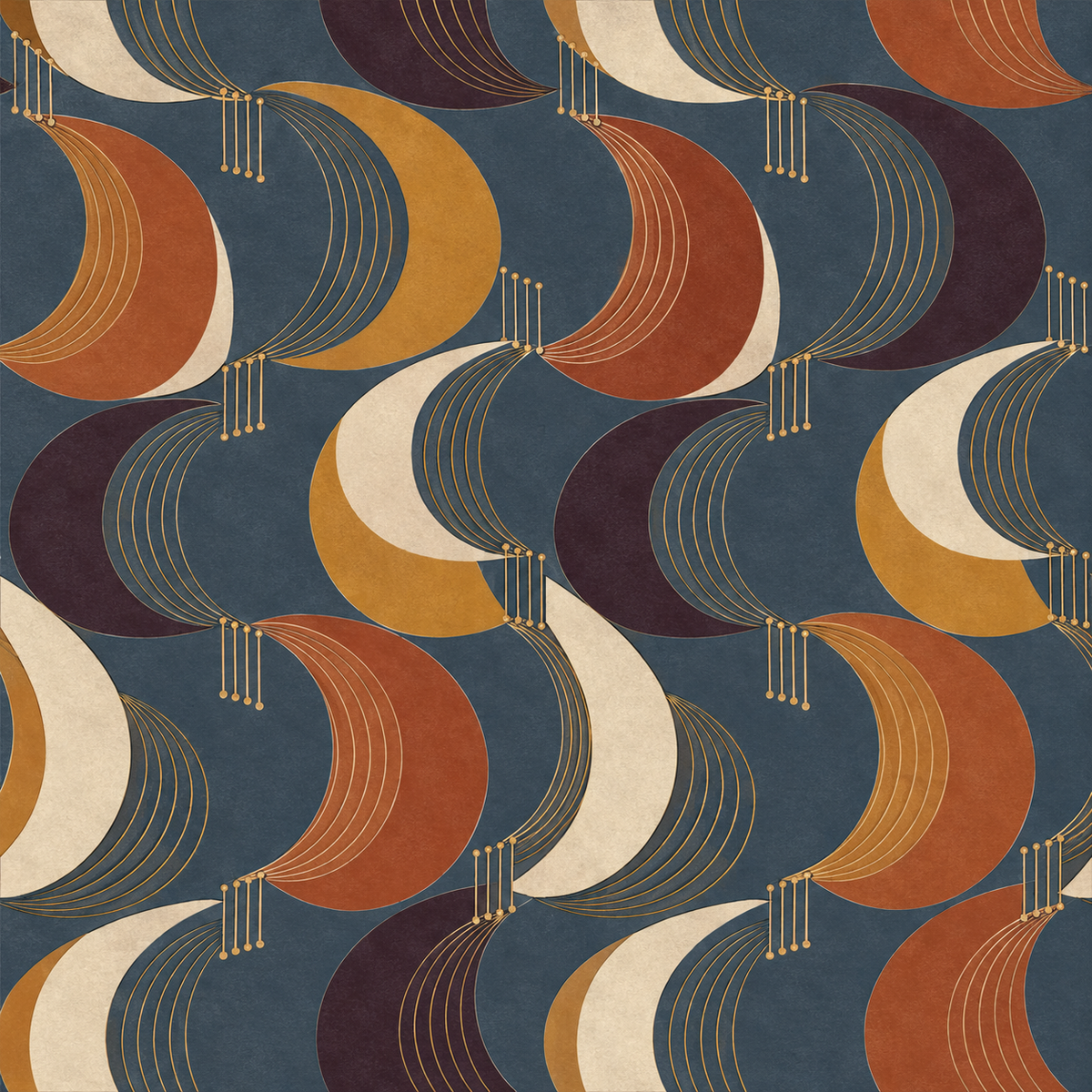 Close view of crescent shapes with delicate gold highlights on wallpaper