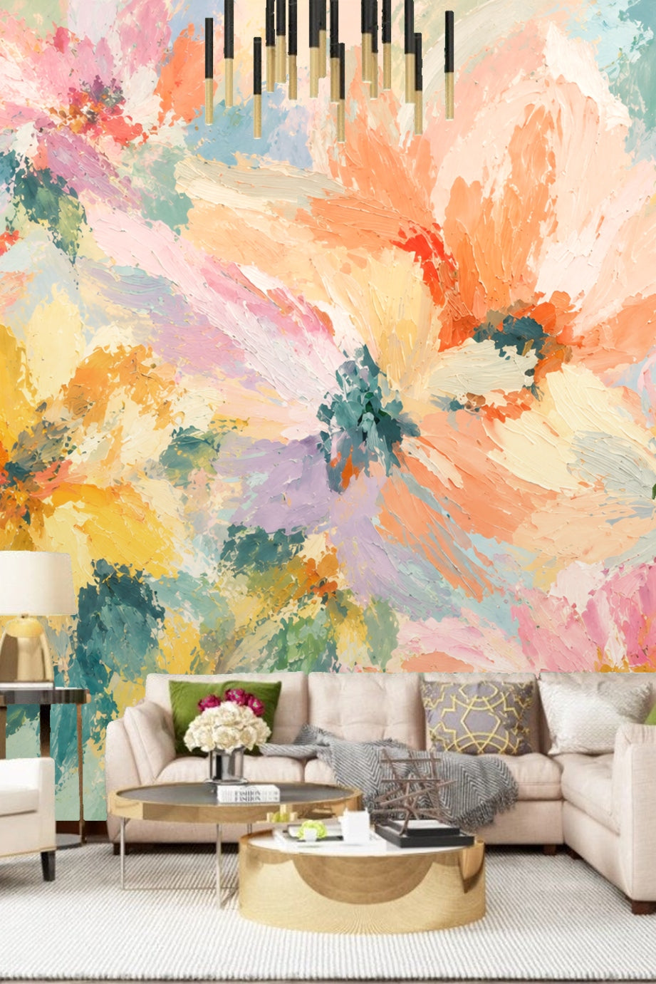 Floral wallpaper with large petals and varied pastel colors