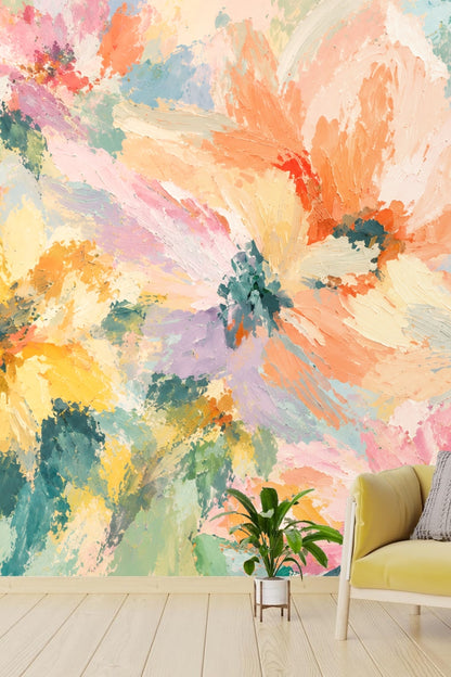 Children's bedroom with floral wallpaper in pastel hues behind pink beds