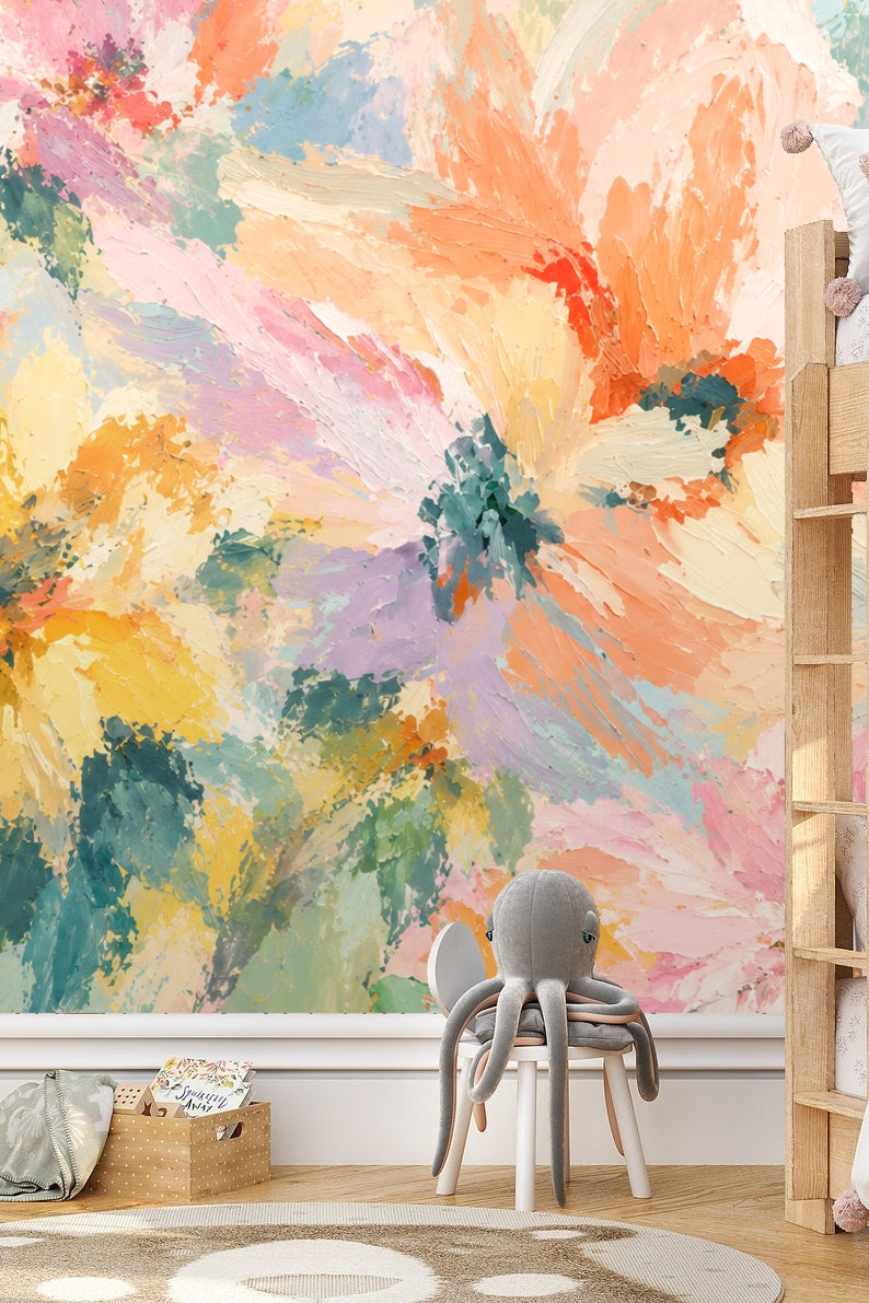 Pastel floral wallpaper backdrop in modern room setting
