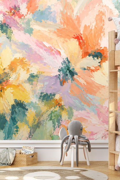 Pastel floral wallpaper backdrop in modern room setting