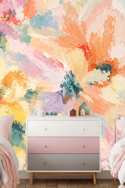 Close-up of thick impasto floral brush strokes in coral, yellow, pink, teal