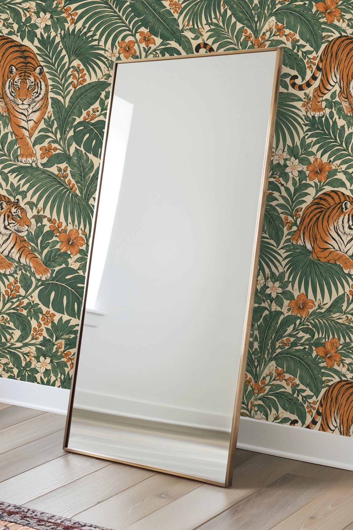 Pattern repetition of reclining and walking tigers embedded in dense foliage.