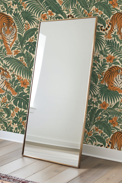 Pattern repetition of reclining and walking tigers embedded in dense foliage.