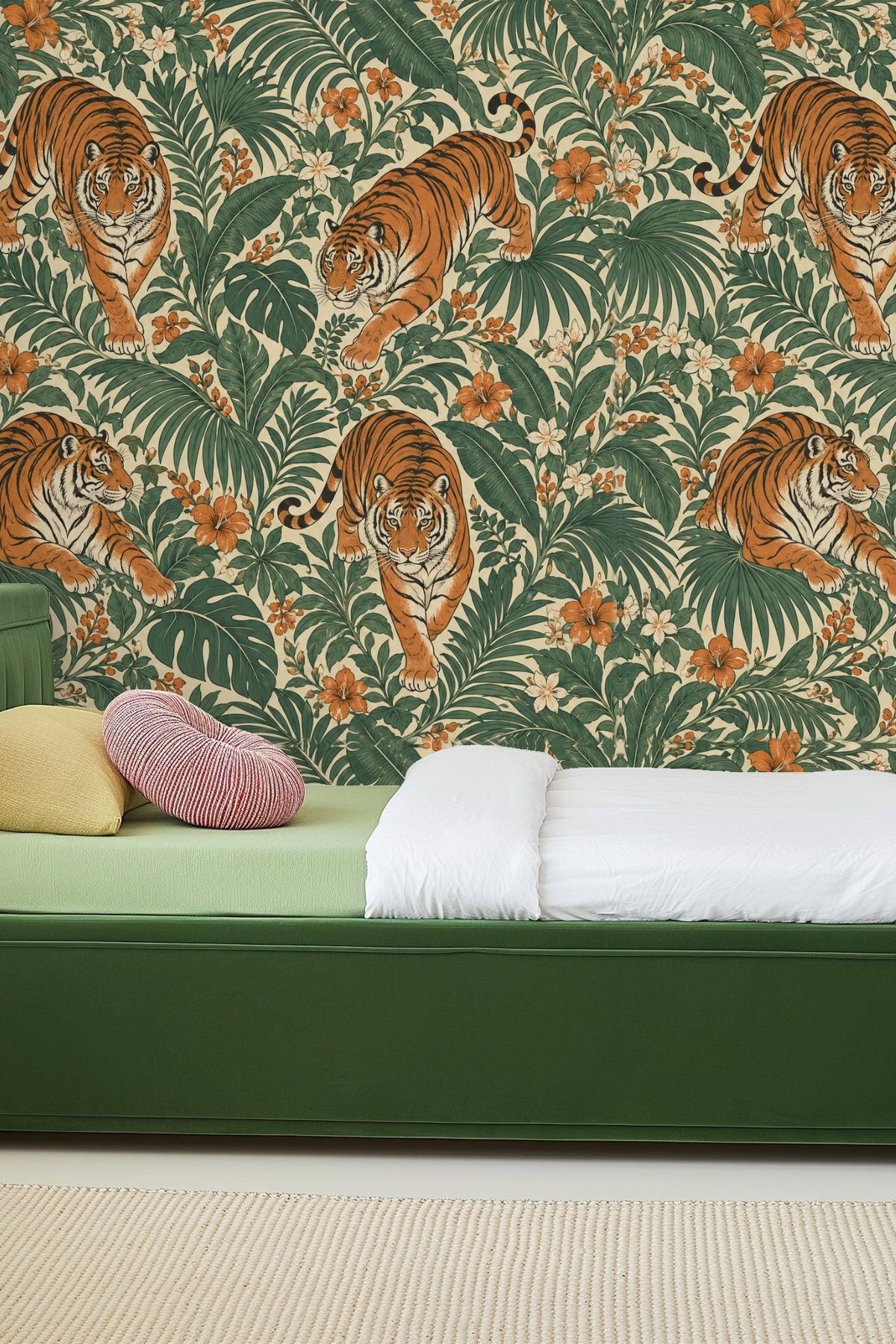 Close-up of tiger figure facing forward in the wallpaper artwork.