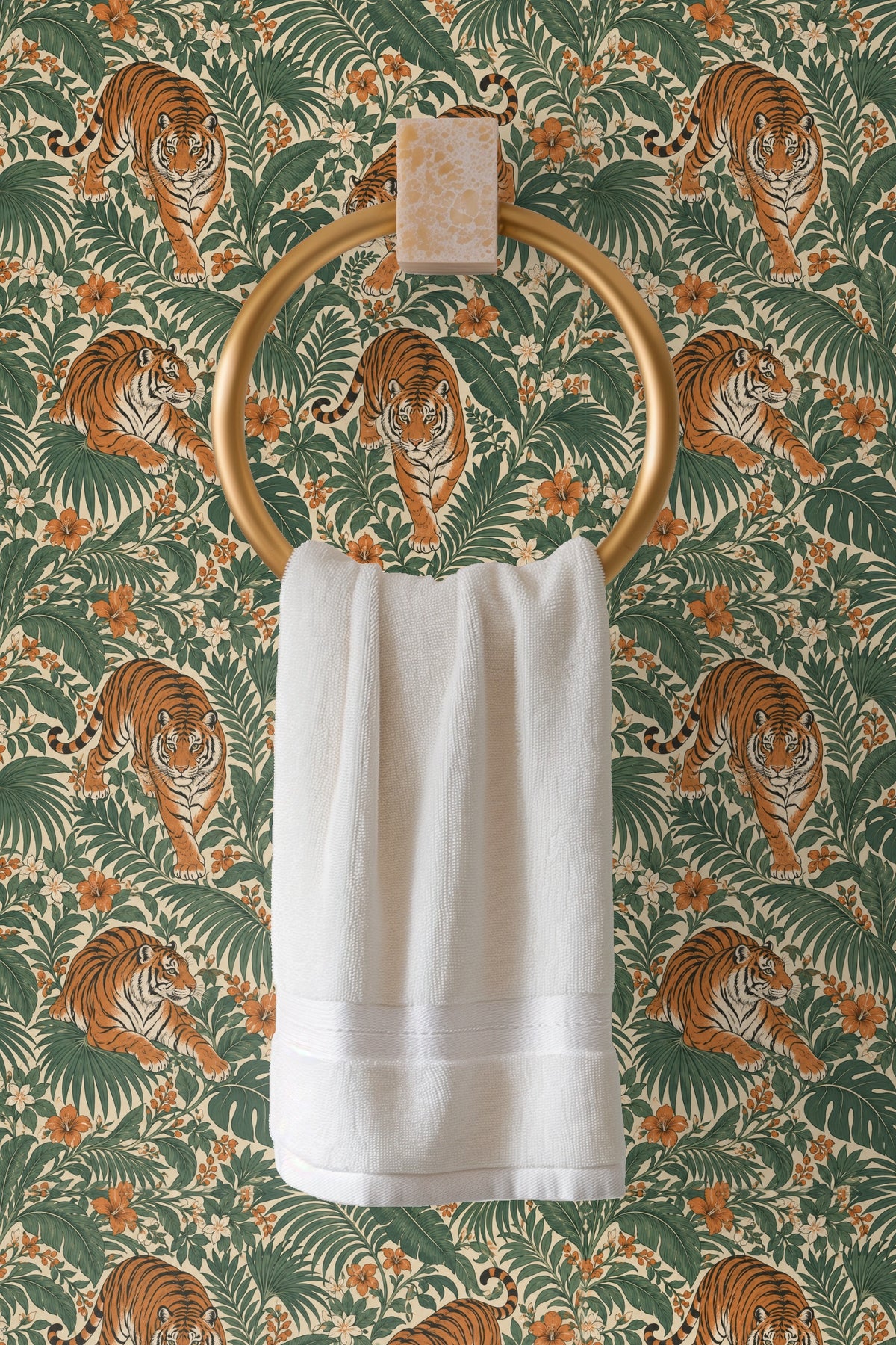 Large tropical leaves such as monstera and palm surrounding tiger motifs.