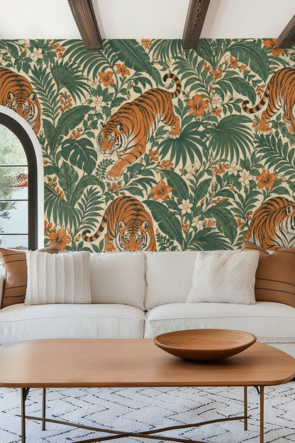 Seamless wallpaper pattern with orange tigers and green tropical leaves.