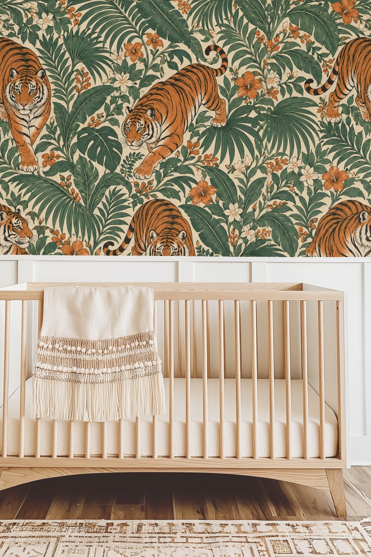 Palm fronds and other tropical plants form the wallpaper background.