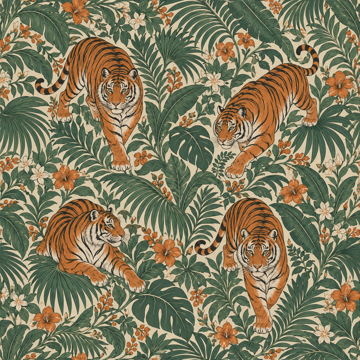 Partial wallpaper roll showing continuous pattern of tigers and tropical flora.